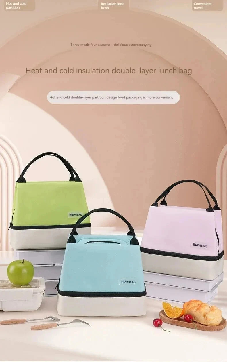 Set of heat and cold insulation double-layer lunch bags in various colors on a neutral background.