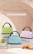 Set of heat and cold insulation double-layer lunch bags in various colors on a neutral background.