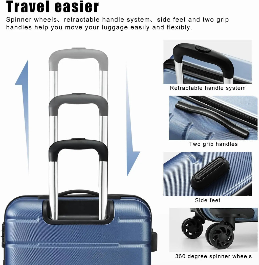 Blue suitcase with features highlighted, including spinner wheels, retractable handle system, side feet, and grip handles.