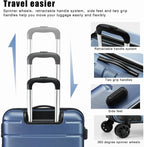 Blue suitcase with features highlighted, including spinner wheels, retractable handle system, side feet, and grip handles.