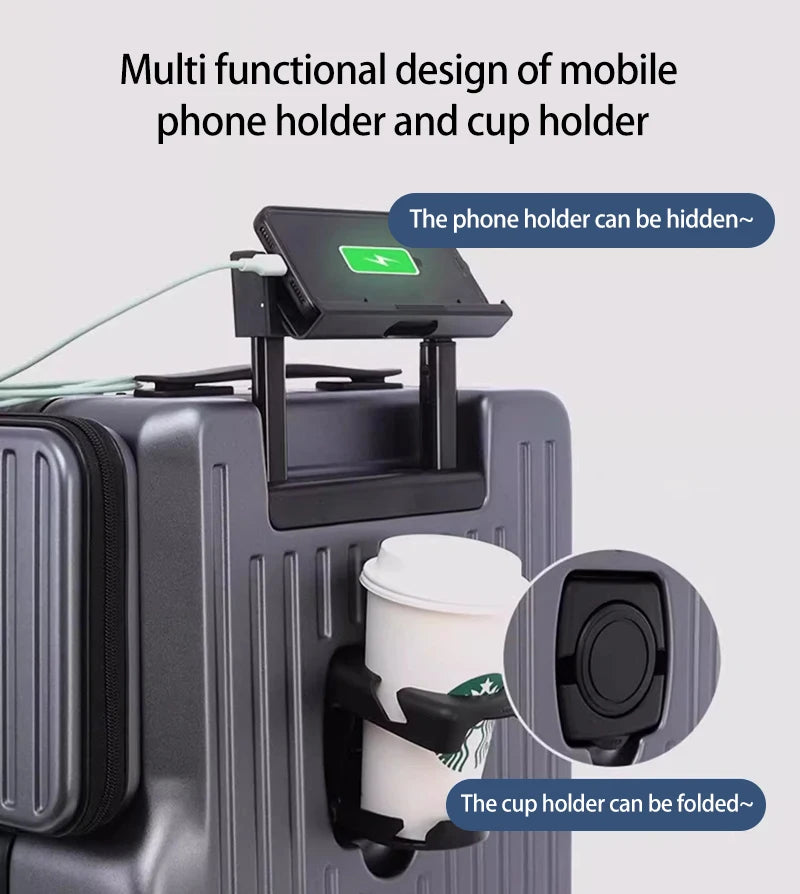 20 Inch Multi Functional Dual Opening Suitcase PC Luggage with USB Port Phone Holder Brake Wheels Travel Luggage for Men Women