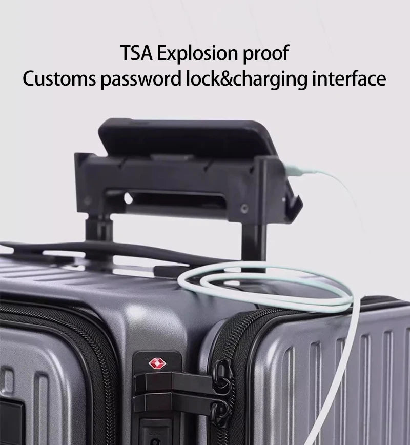 20 Inch Multi Functional Dual Opening Suitcase PC Luggage with USB Port Phone Holder Brake Wheels Travel Luggage for Men Women