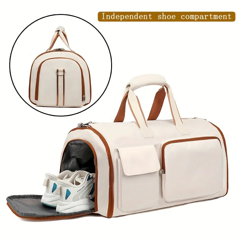 White pet carrier with brown accents containing a white shoe, on a white background.