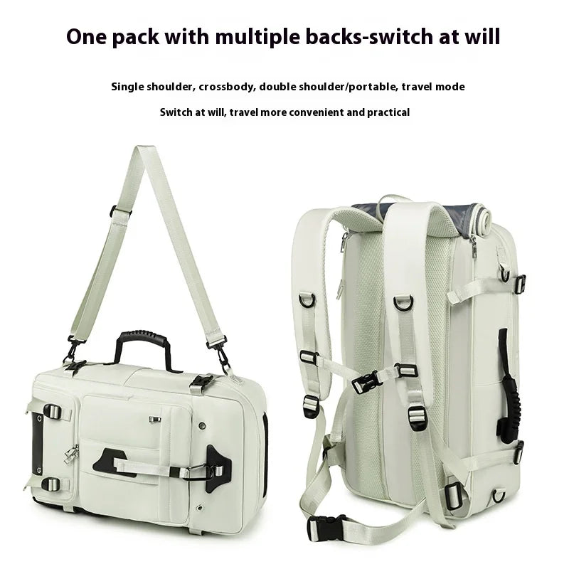 White travel bag convertible into a backpack with multiple switching options.