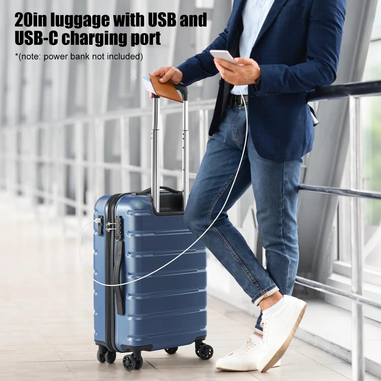 Person holding a blue suitcase with a charging cable, text about USB and USB-C ports.