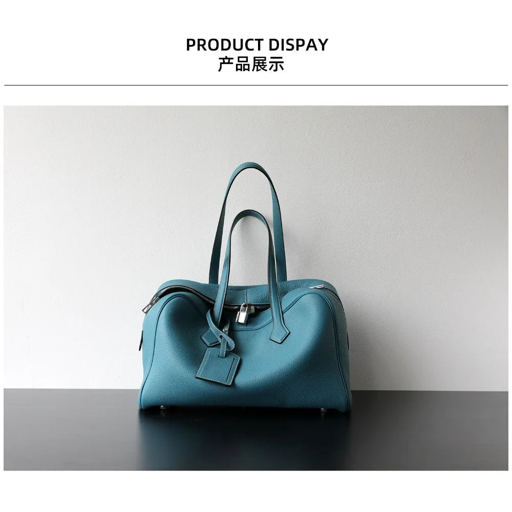 Premium First Layer Cowhide Boston Genuine Leather Women's Bag Simple Large Capacity Bowling Armpit Bag Portable Messenger Bag