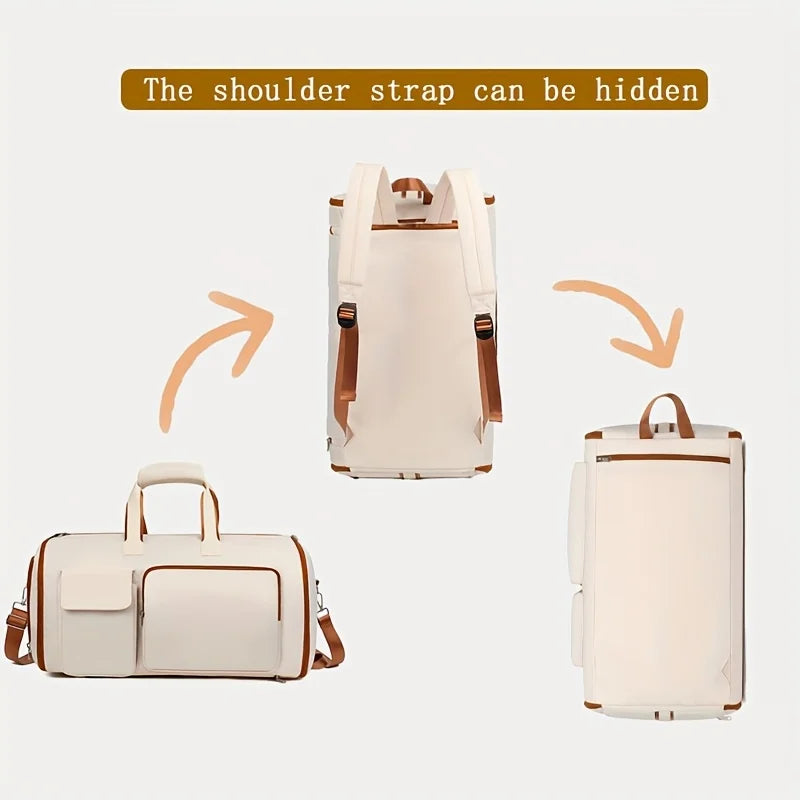 White bags with brown accents and a shoulder strap that can be hidden, on a light gray background.