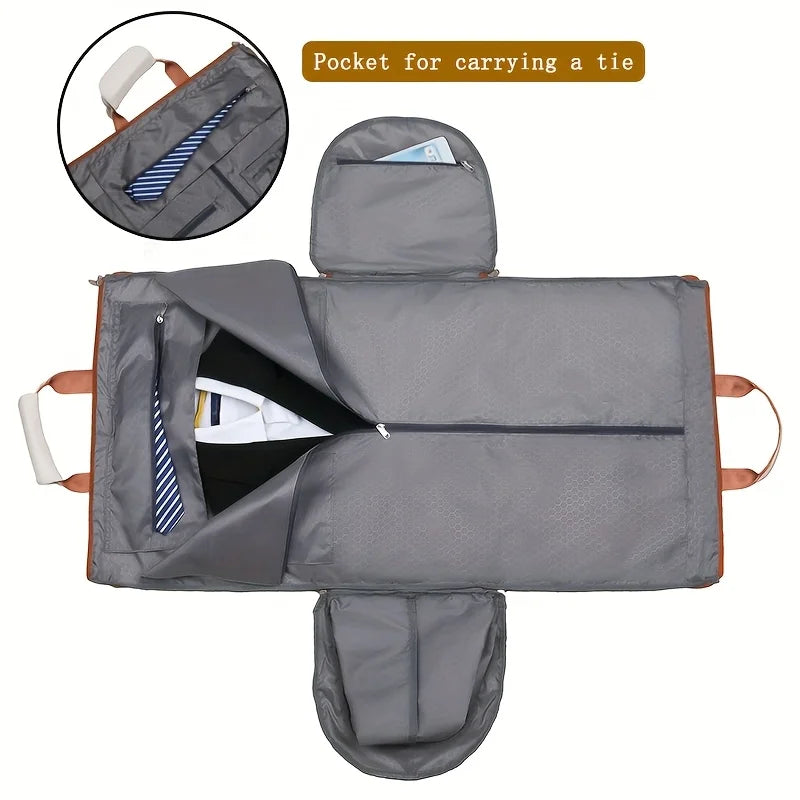 Gray garment bag with a pocket for carrying a tie on a white background