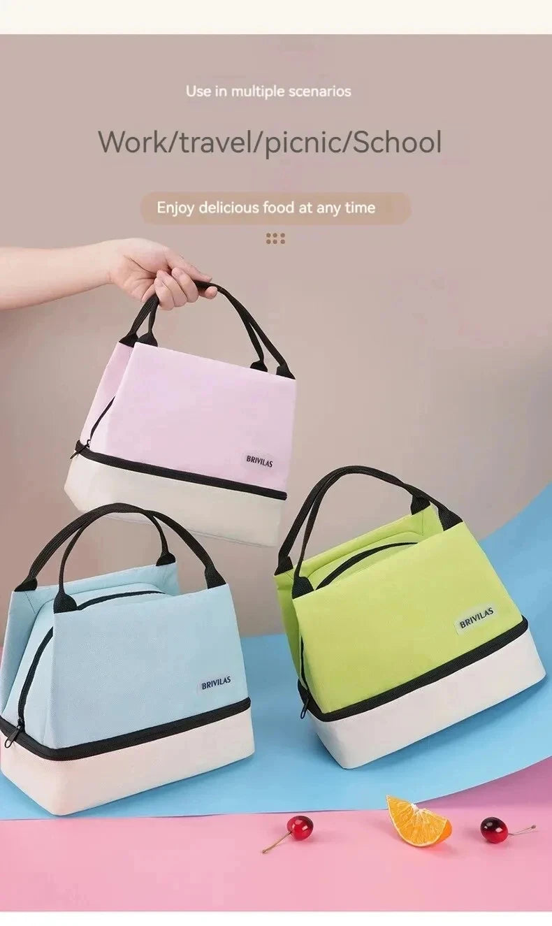 Three colorful lunch bags on a pink and blue gradient background with text about their uses.