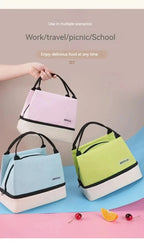 Three colorful lunch bags on a pink and blue gradient background with text about their uses.