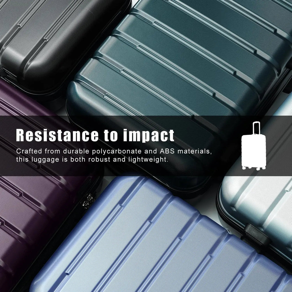 Stack of suitcases with text about their durability and lightweight nature.