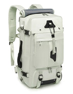 Light gray travel backpack with multiple straps and zippers on a white background