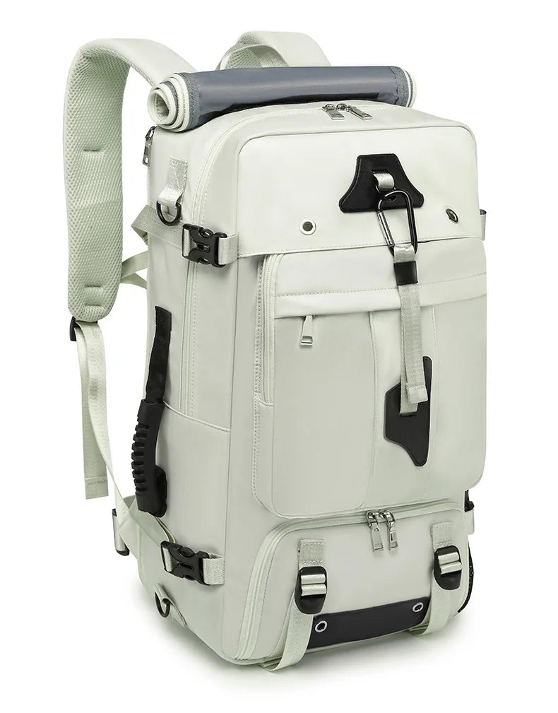Light gray travel backpack with multiple straps and zippers on a white background