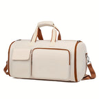 Beige duffel bag with brown accents on a white background