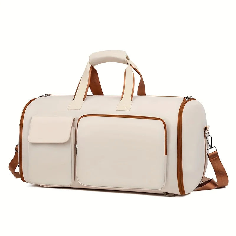Beige duffel bag with brown accents on a white background