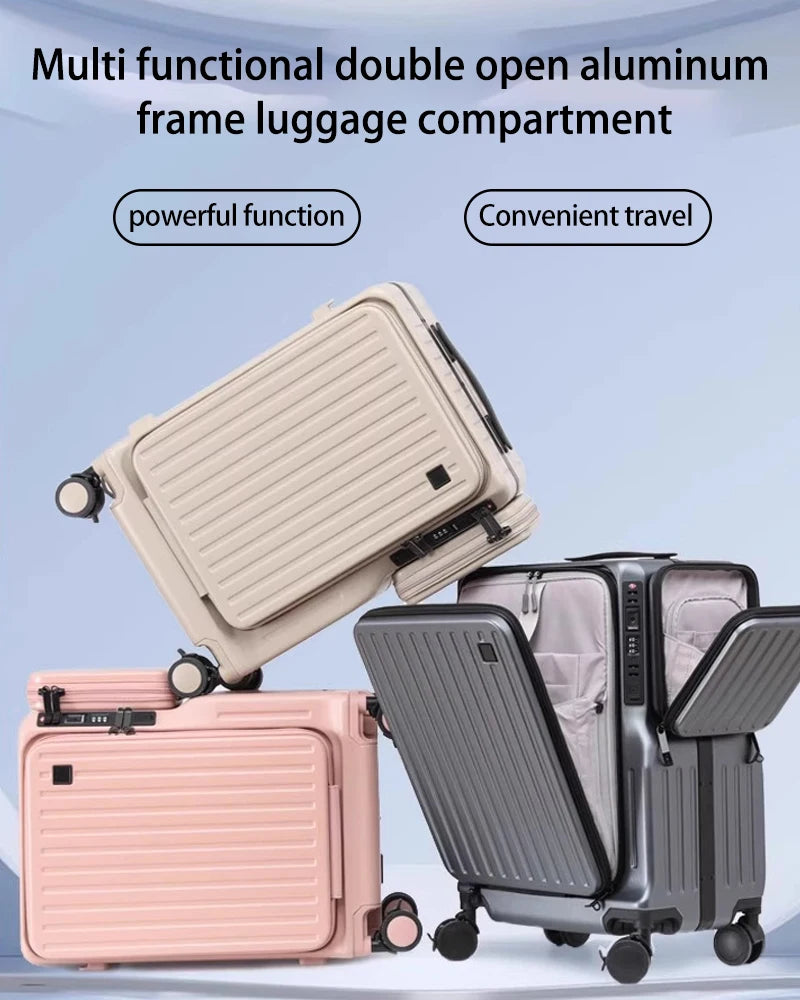 20 Inch Multi Functional Dual Opening Suitcase PC Luggage with USB Port Phone Holder Brake Wheels Travel Luggage for Men Women