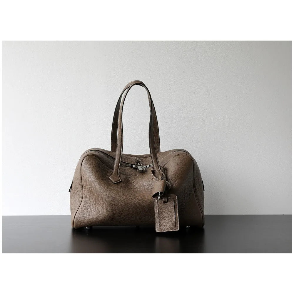 Premium First Layer Cowhide Boston Genuine Leather Women's Bag Simple Large Capacity Bowling Armpit Bag Portable Messenger Bag