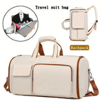Beige travel suit bag with brown accents and backpack features, on a white background.