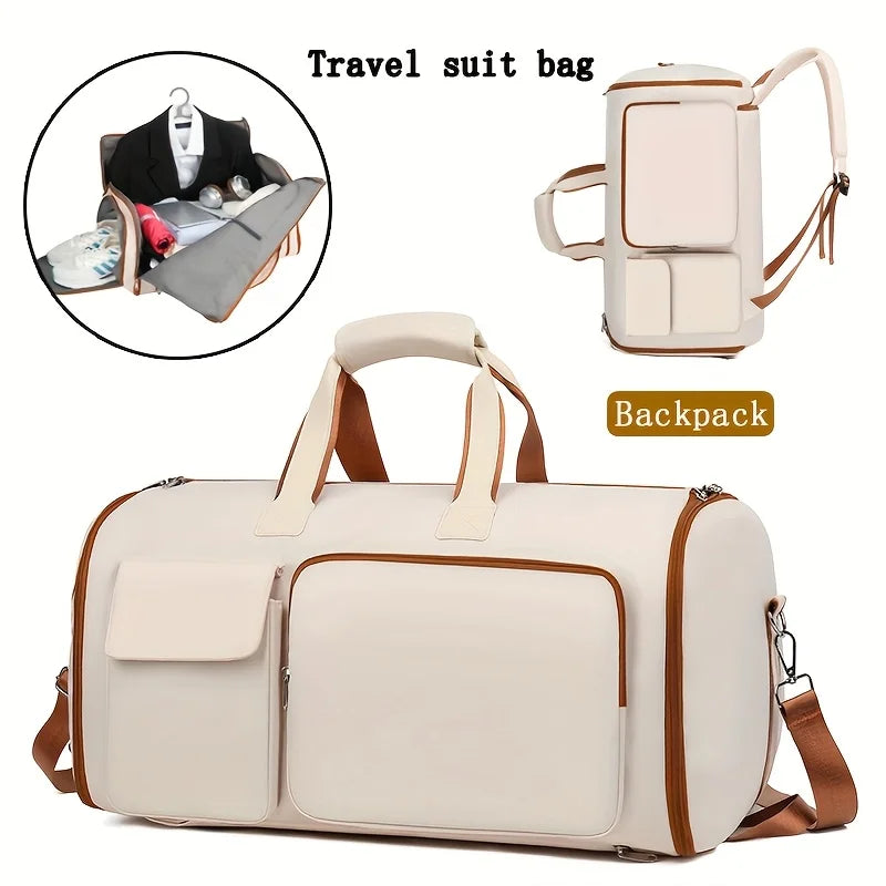 Beige travel suit bag with brown accents and backpack features, on a white background.
