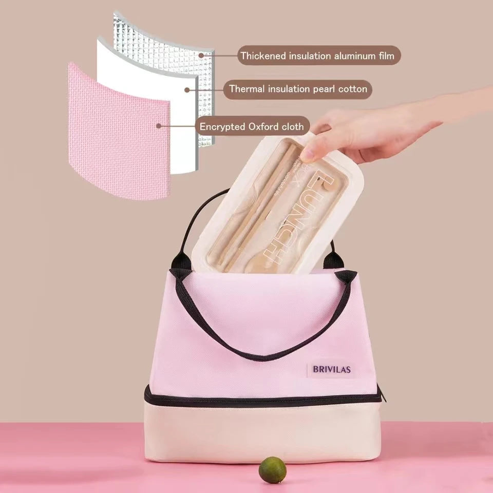 Pink insulated lunch bag with thermal insulation materials highlighted, on a beige background.