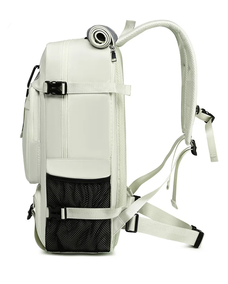 White backpack with black mesh pocket on a white background