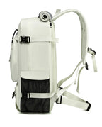 White backpack with black mesh pocket on a white background